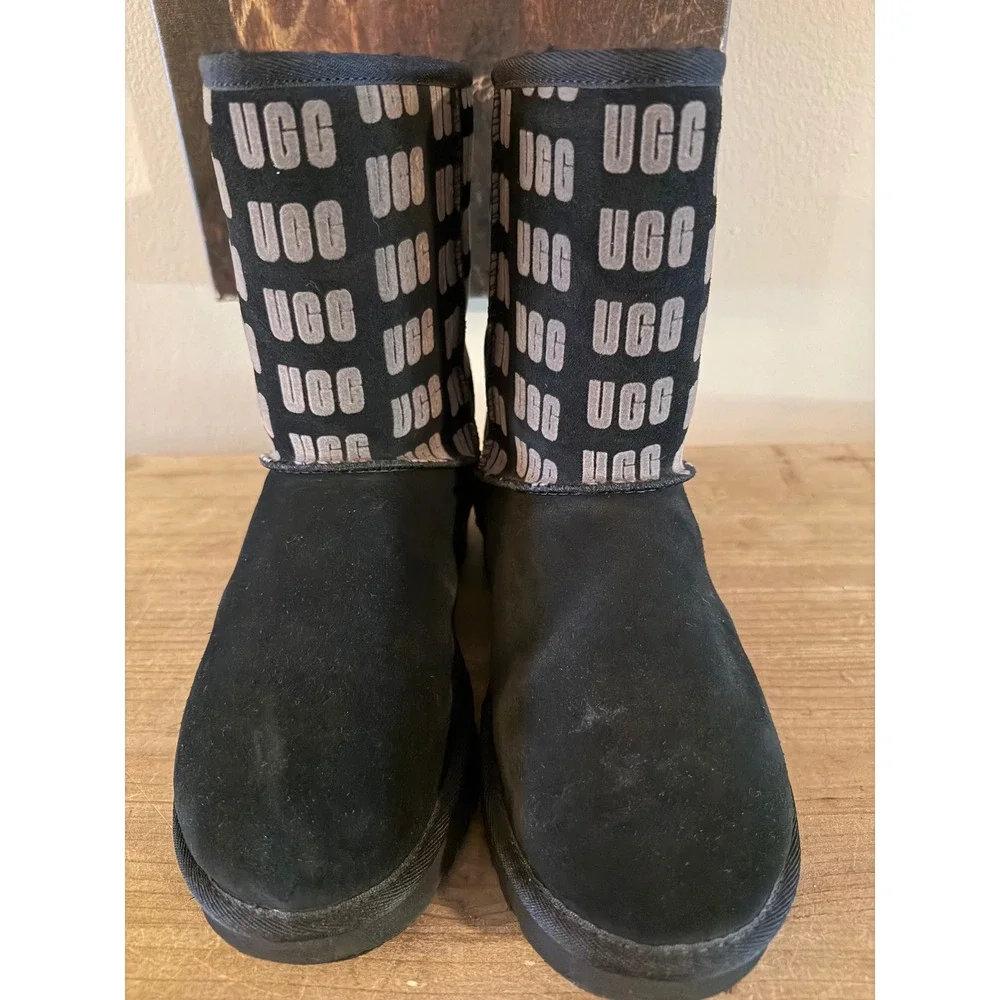 UGG Classic Short‎ Logo Boots Black Gray Suede Sheepskin 1138175 Womens 7